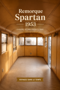 Remorque Spartan 1953 sur un chemin pittoresque, mettant en valeur son design vintage