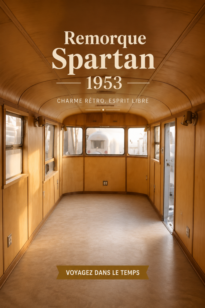 Remorque Spartan 1953 sur un chemin pittoresque, mettant en valeur son design vintage