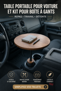 Une table de voiture et un kit de rangement pratiques présentés dans un intérieur de voiture ordonné.