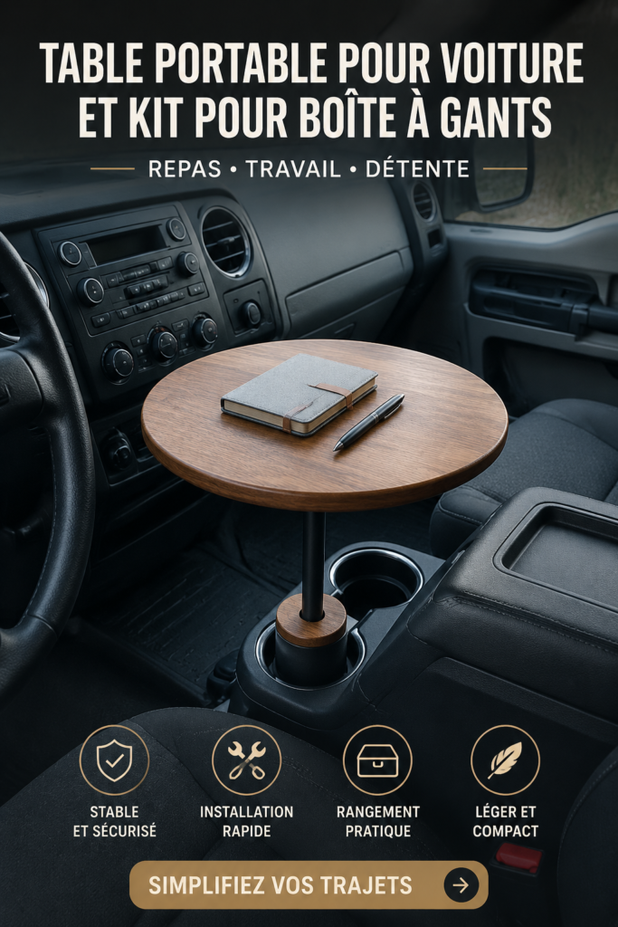 Une table de voiture et un kit de rangement pratiques présentés dans un intérieur de voiture ordonné.