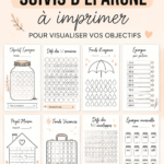 Un collage de trackers d'épargne imprimables en couleurs vives, incluant différents designs et styles.