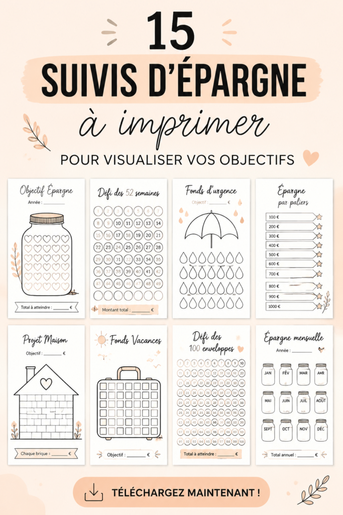 Un collage de trackers d'épargne imprimables en couleurs vives, incluant différents designs et styles.