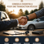 Femme souriante préparant sa voiture pour la vente, avec une ambiance chaleureuse.