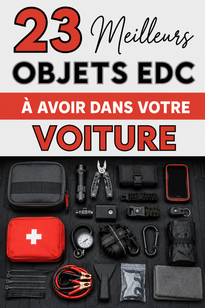 Vue de divers accessoires et outils essentiels à garder dans une voiture.