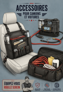 Accessoires variés pour camions et voitures exposés sur un plan de travail.