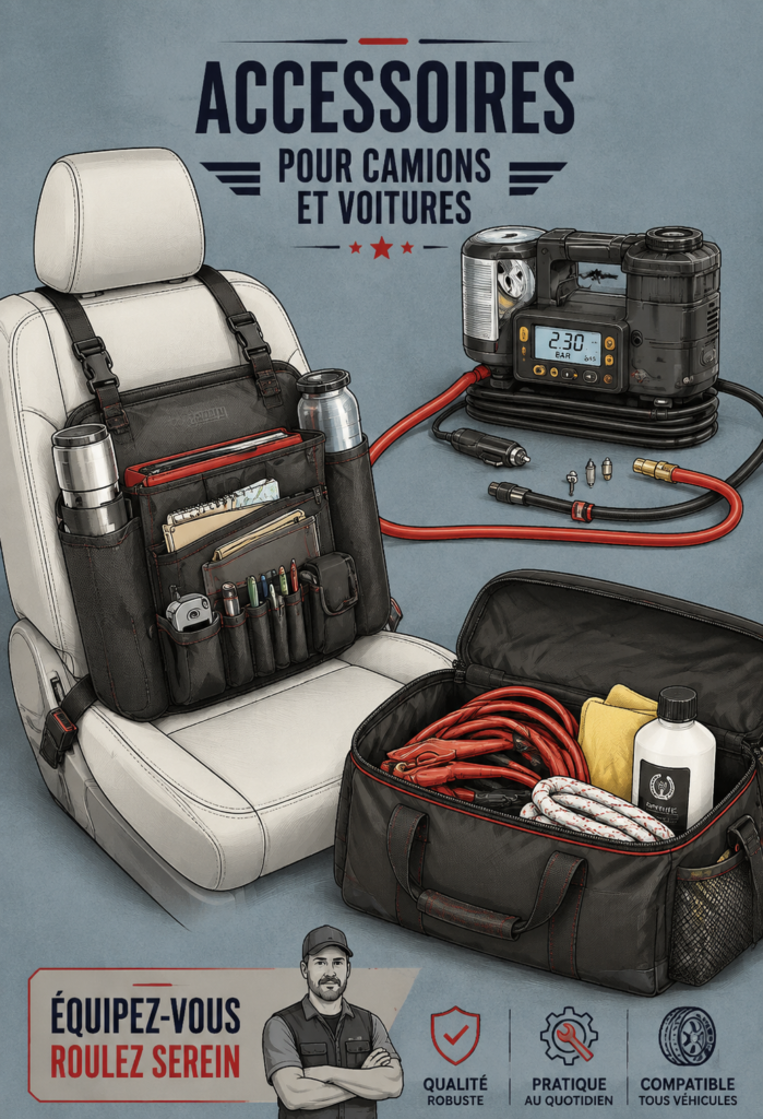 Accessoires variés pour camions et voitures exposés sur un plan de travail.