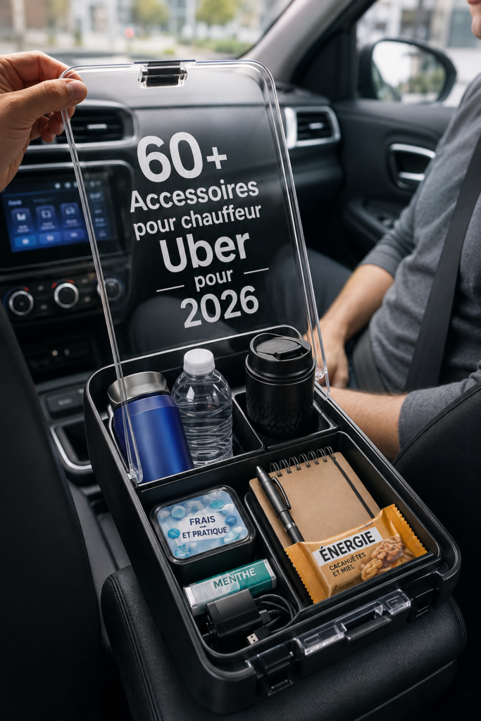 Une sélection d'accessoires de voiture pour chauffeurs Uber en 2026, montrant divers gadgets et outils