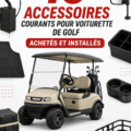 Accessoires pour voiture de golf sur une voie de golf, illustrant le confort et la praticité.