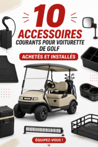 Accessoires pour voiture de golf sur une voie de golf, illustrant le confort et la praticité.
