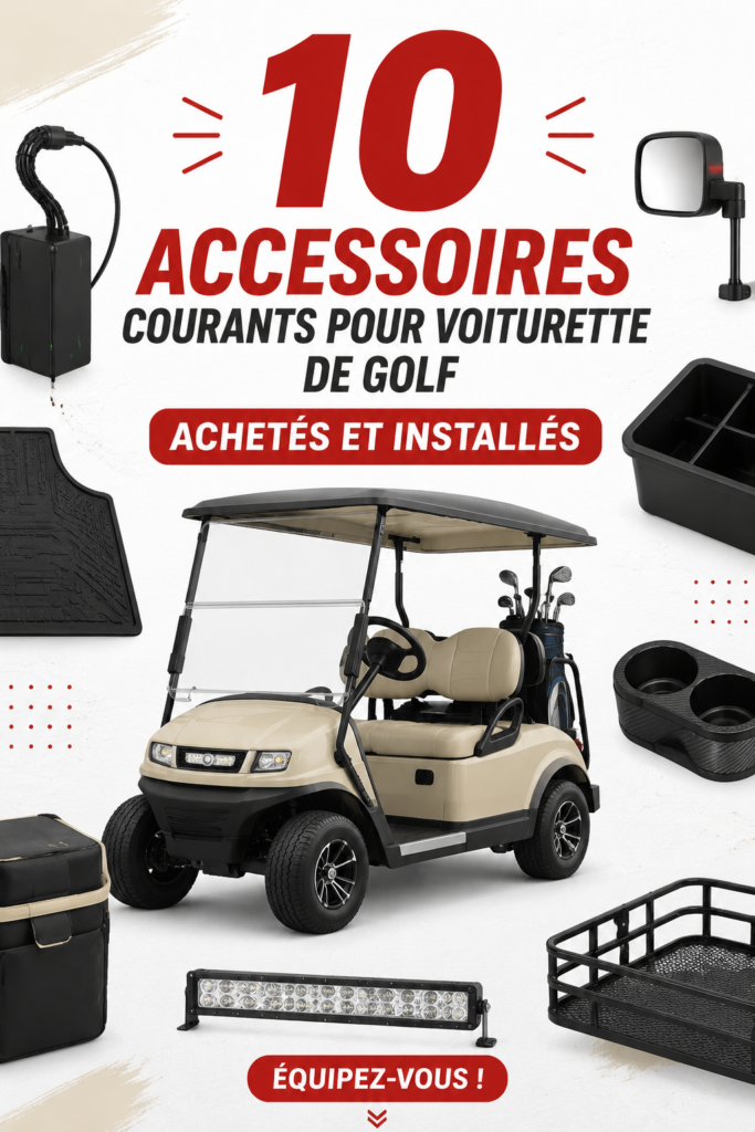 Accessoires pour voiture de golf sur une voie de golf, illustrant le confort et la praticité.