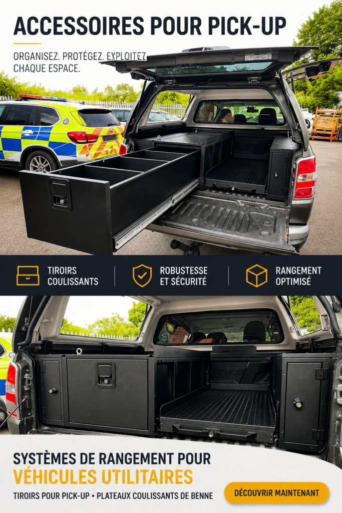 Accessoires de rangement pour pick-up, montrant un organisation efficace