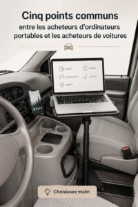 Femme consultant plusieurs ordinateurs portables et voitures dans un showroom, symbolisant le choix réfléchi.