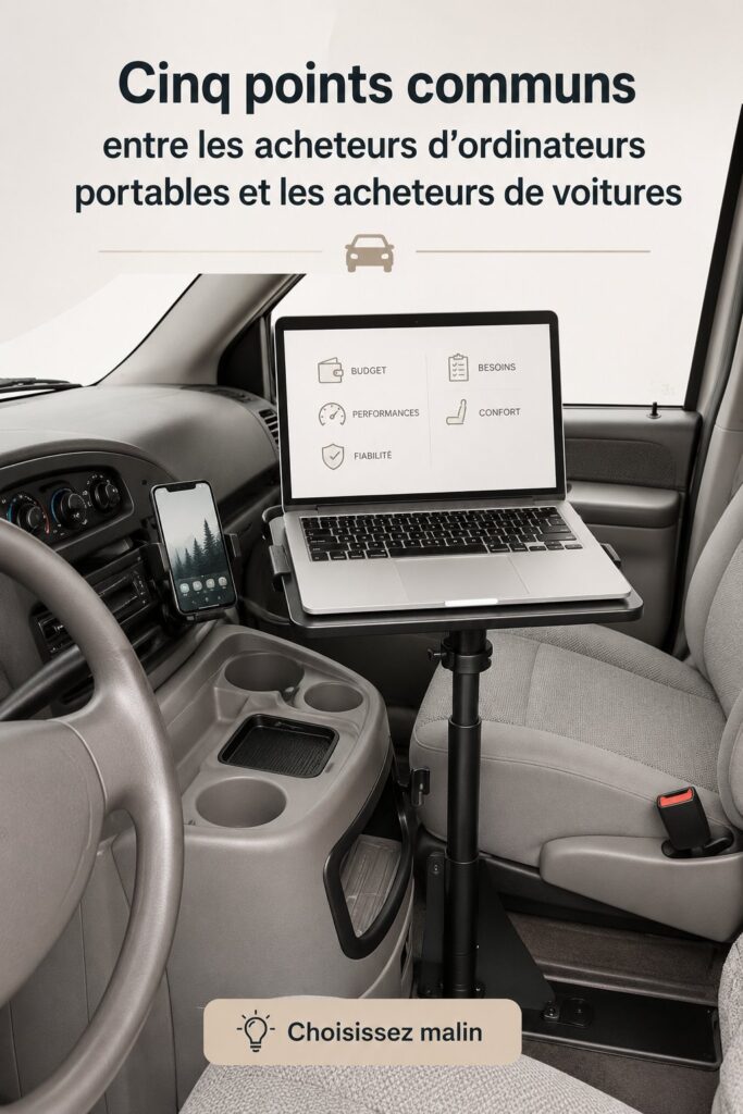Femme consultant plusieurs ordinateurs portables et voitures dans un showroom, symbolisant le choix réfléchi.