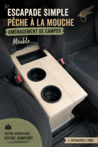 Image d'un véhicule aménagé en camper pour des sorties pêche, avec un espace confortable et bien organisé.