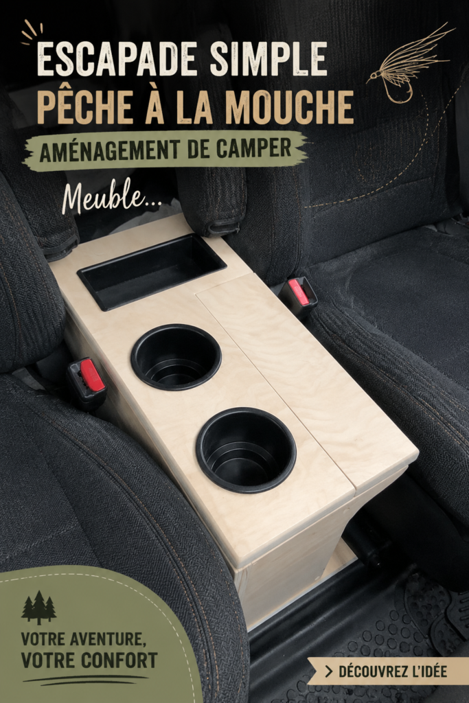 Image d'un véhicule aménagé en camper pour des sorties pêche, avec un espace confortable et bien organisé.
