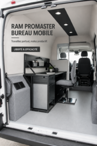 Un Ram ProMaster aménagé en bureau mobile avec un espace de travail élégant et fonctionnel.