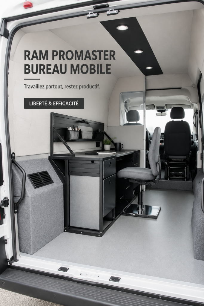 Un Ram ProMaster aménagé en bureau mobile avec un espace de travail élégant et fonctionnel.