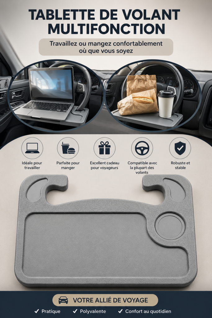 Bureau portable adapté pour la voiture, monté sur un volant.