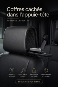 Coffre discret intégré dans un appuie-tête de voiture montrant un espace de rangement subtil et pratique pour des objets de valeur.