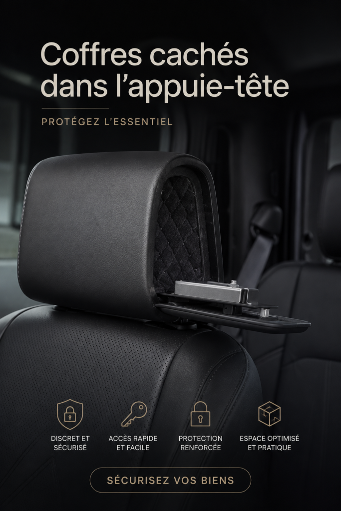 Coffre discret intégré dans un appuie-tête de voiture montrant un espace de rangement subtil et pratique pour des objets de valeur.
