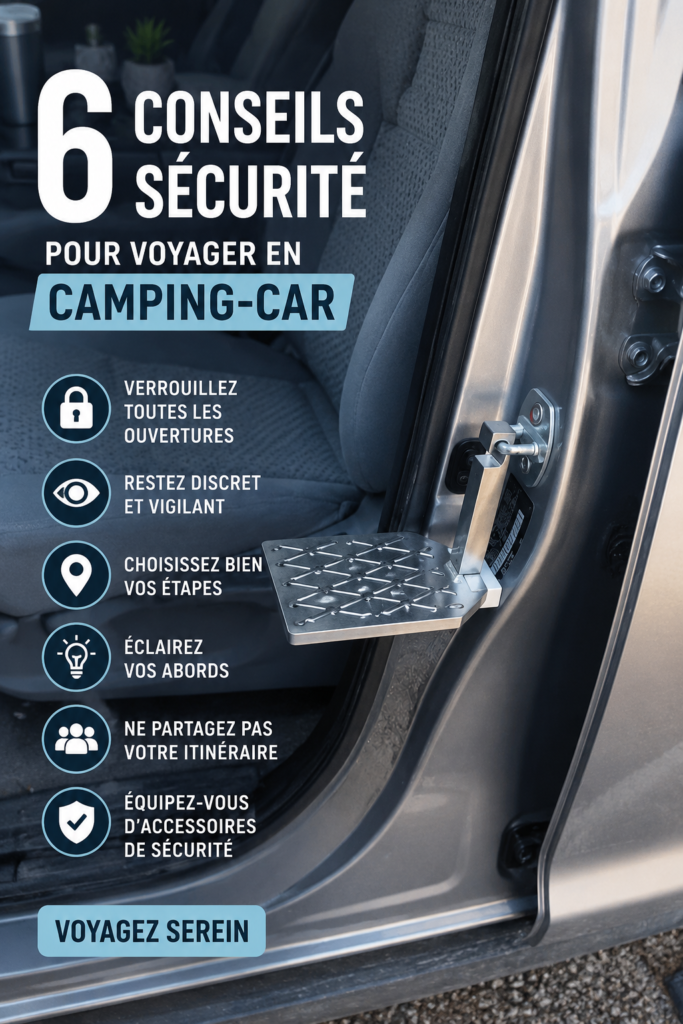 Un van stationné dans un paysage naturel, sécurisé par des systèmes de sécurité visuels.
