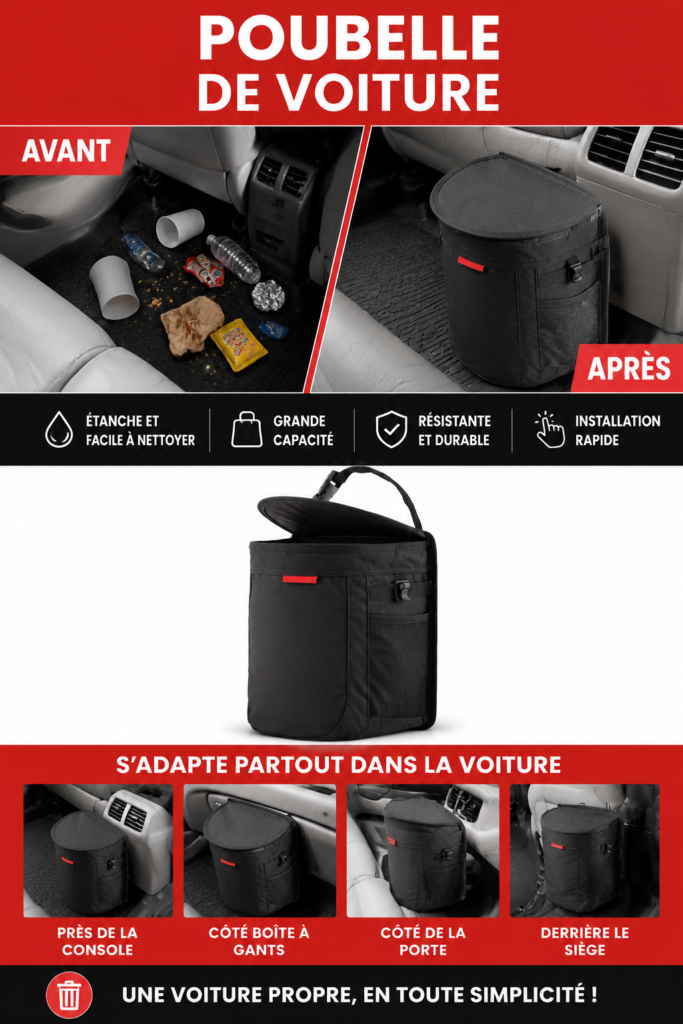 Corbeille à déchets installée dans un véhicule professionnel, illustrant une voiture propre et bien organisée.