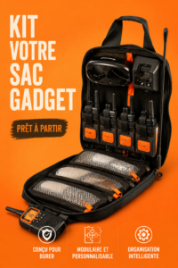 Un kit de gadgets variés pour la voiture, incluant des outils de sécurité et d'assistance.