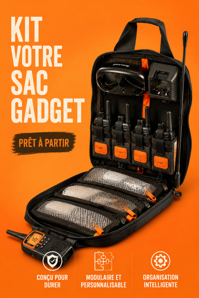 Un kit de gadgets variés pour la voiture, incluant des outils de sécurité et d'assistance.