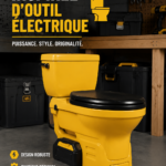 Toilettes stylées avec des éléments inspirés d'outils, créant une ambiance unique et pratique.