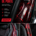 Une porte décorée avec un emballage coloré et stylé pour une entrée accueillante.