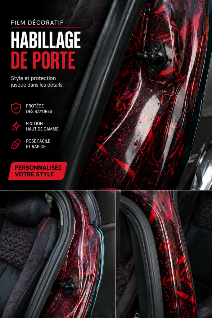 Une porte décorée avec un emballage coloré et stylé pour une entrée accueillante.