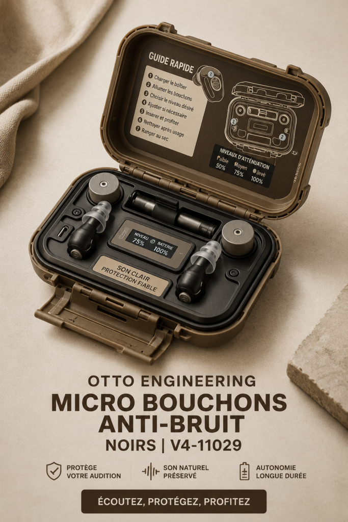 Embouts anti-bruit OTTO en gros plan sur un bureau, évoquant le confort auditif.