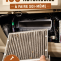 Femme effectuant des tâches d'entretien auto sur son véhicule.