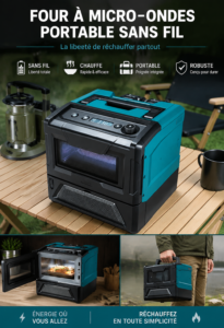 Four à micro-ondes portable de Makita sur un chantier, idéal pour les repas en déplacement.