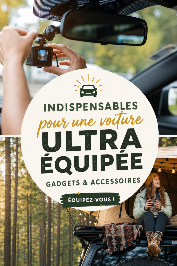 Une sélection de gadgets modernes pour voiture, incluant un support téléphone et des accessoires de sécurité.