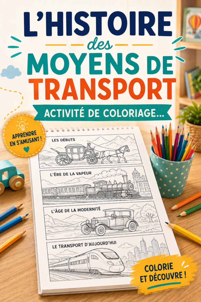 Des pages de coloriage illustrant l'histoire des transports