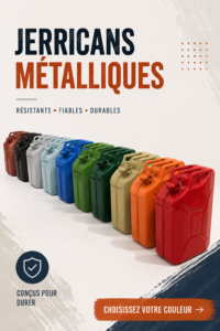 Un jerrycan en métal sur un chantier, prêt à être utilisé pour le stockage de liquides professionnels.