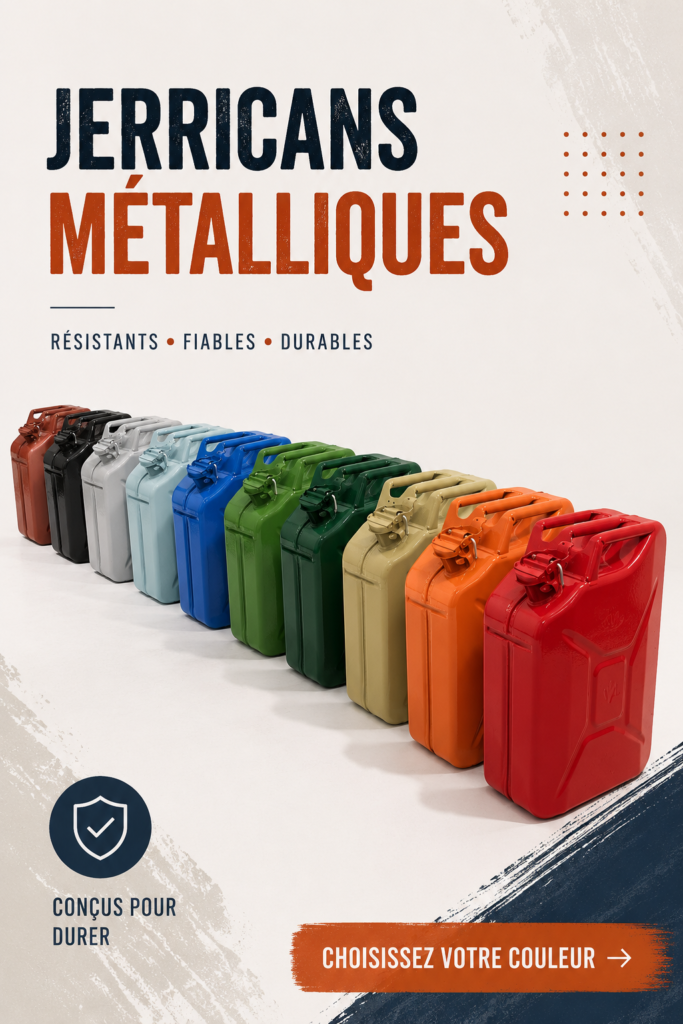Un jerrycan en métal sur un chantier, prêt à être utilisé pour le stockage de liquides professionnels.