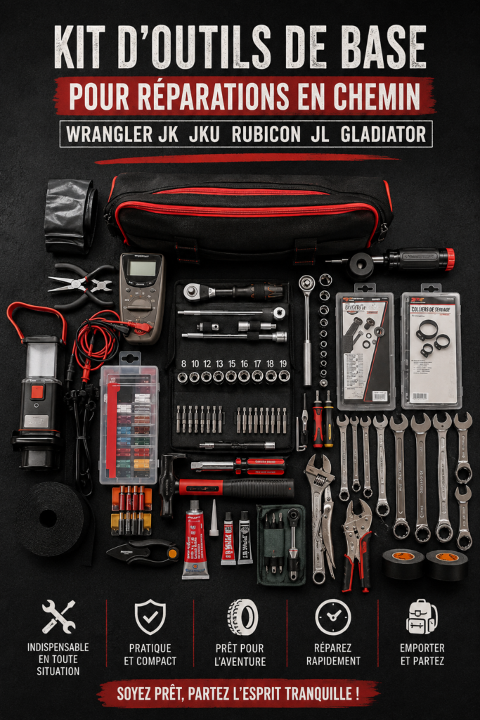 Outils de réparation soigneusement disposés pour un kit de 4x4.