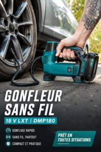 Compresseur sans fil DMP180 de Makita, outil idéal pour le gonflage des pneus.
