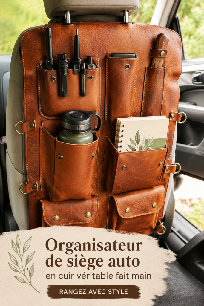 Organisateur en cuir élégant pour voiture, offrant un rangement pratique et stylé.
