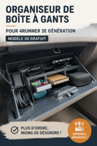 Boîte à gants bien organisée d'un 4Runner avec documents et accessoires