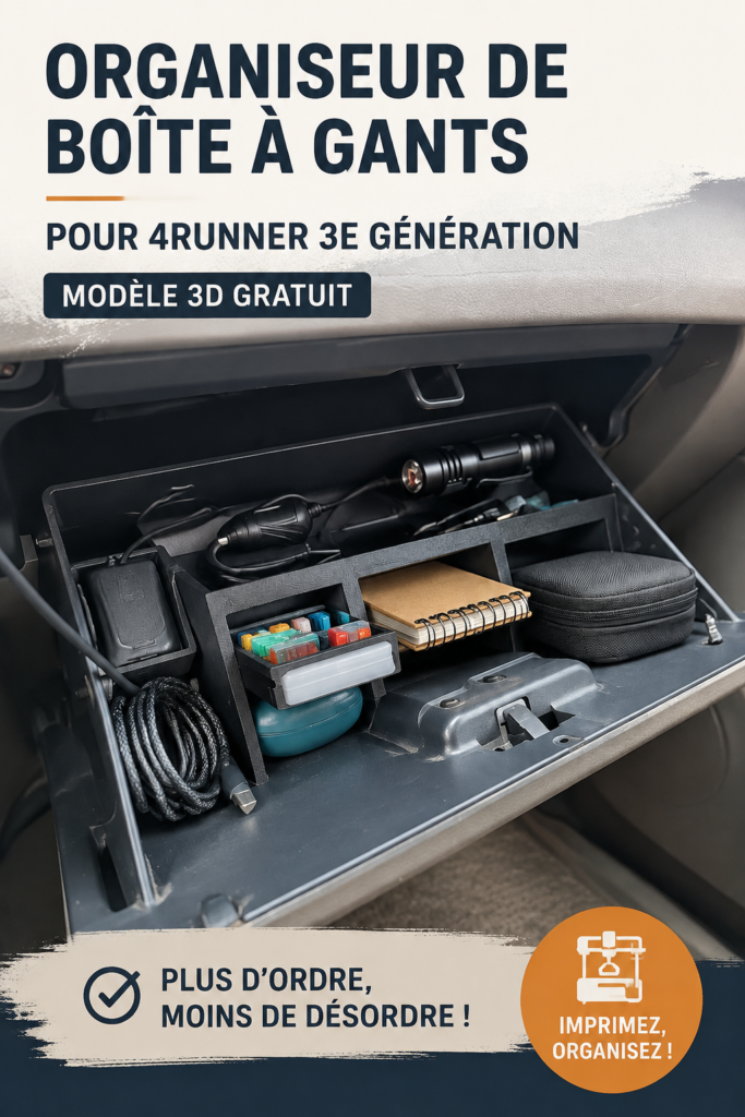 Boîte à gants bien organisée d'un 4Runner avec documents et accessoires