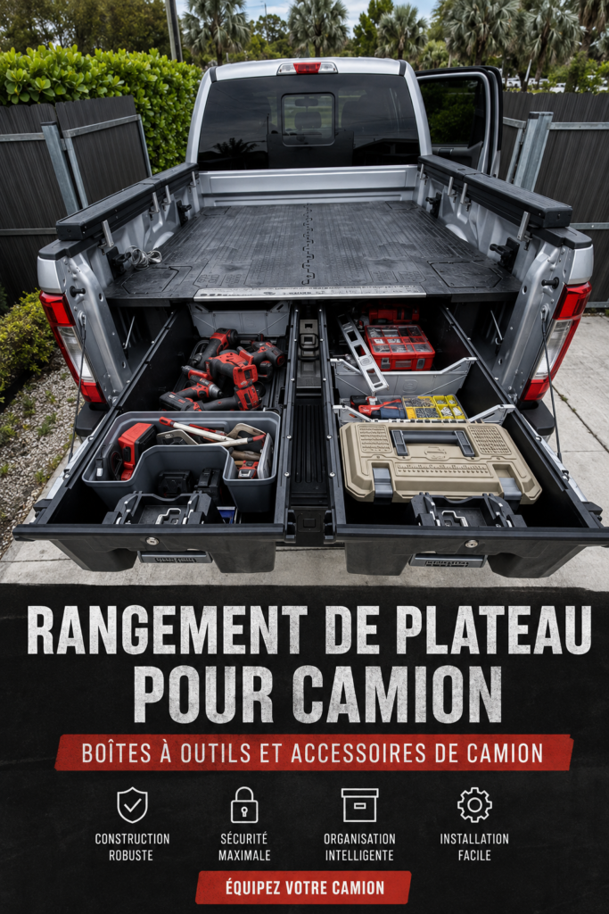 Rangement organisé dans un camion avec le système DECKED, idéal pour les femmes actives