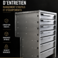 Espace de rangement d'outils bien organisé avec des tiroirs et des étagères.