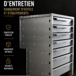 Espace de rangement d'outils bien organisé avec des tiroirs et des étagères.