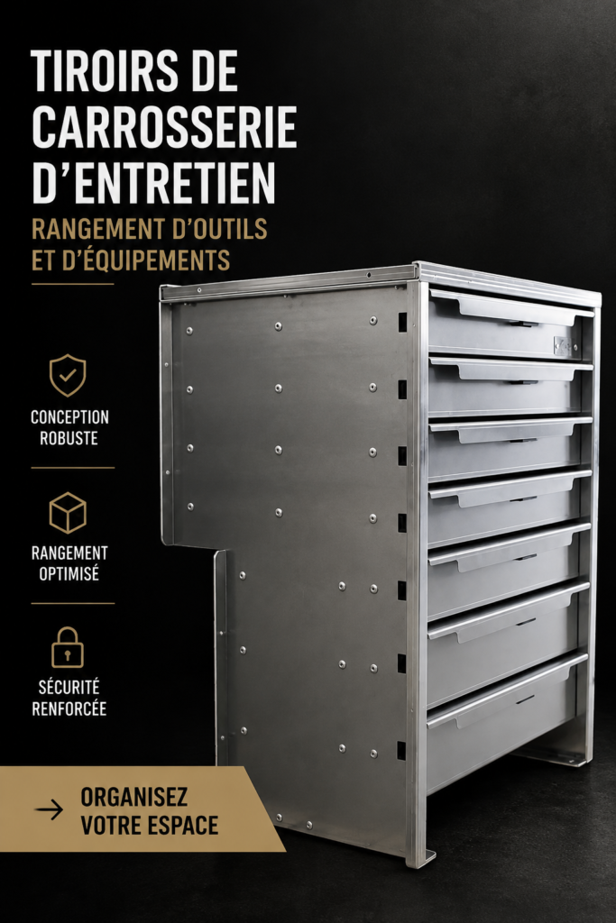 Espace de rangement d'outils bien organisé avec des tiroirs et des étagères.