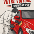 Une femme polissant son véhicule avec un produit adapté