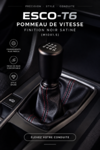 Pommeau de vitesse en finition noire satinée installée dans un véhicule moderne.