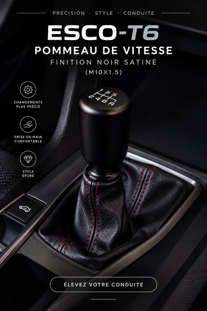 Pommeau de vitesse en finition noire satinée installée dans un véhicule moderne.